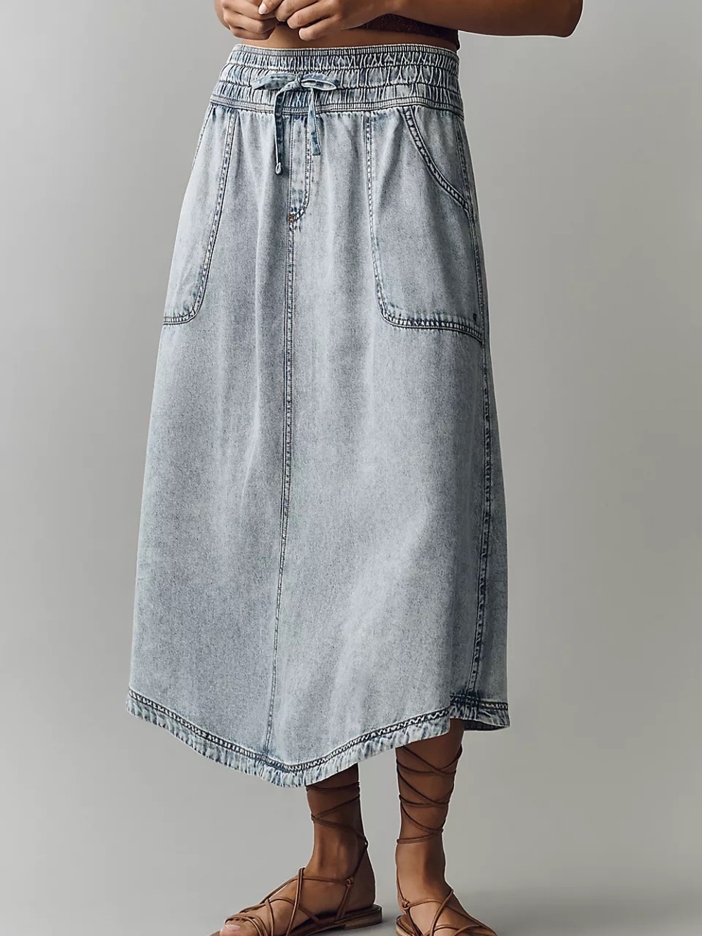 Anthropologie Light Blue Drawstring Denim Midi Skirt - Picture 1 of 5